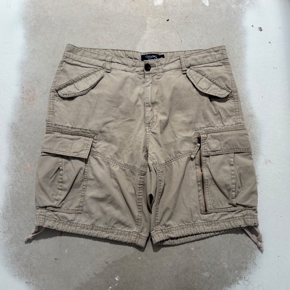 Chaps Mens Khaki Cargo Shorts Size 33 Tan Cotton Multi Pocket Drawstring Hem